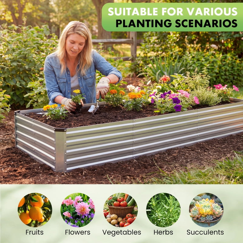 Gianna Metal Raised Garden Bed 2pcs Set, 8x4x1ft Outdoor Planter Box,Raised Garden Beds for Planting Plants Vegetables, Flowers, Silver