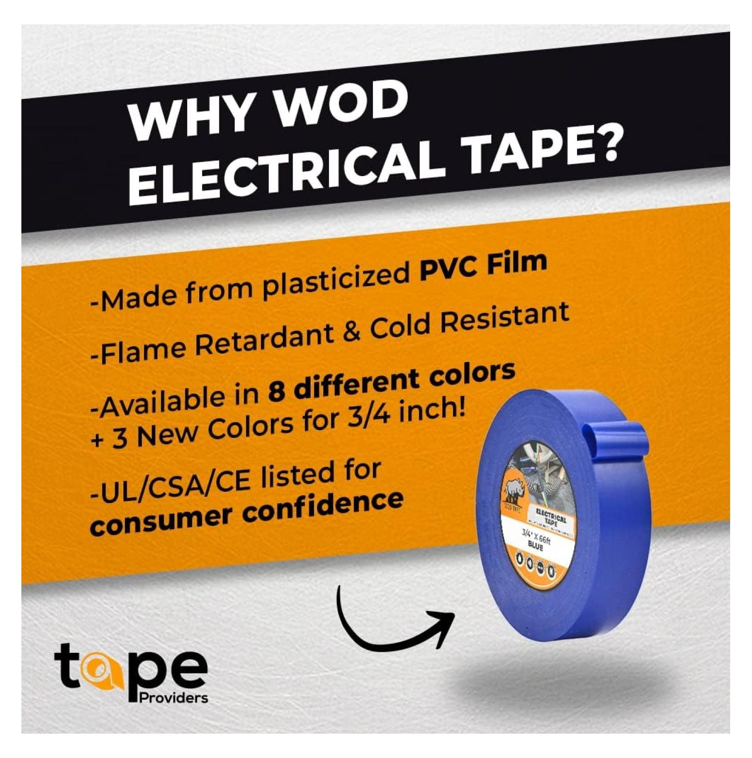 WOD ETC766 Professional Grade General Purpose Blue Electrical Tape UL/CSA Listed . Vinyl Rubber Adhesive Electrical Tape: 3 inch X 66 ft - Use at No More Than 600V & 176F (Pack of 10)