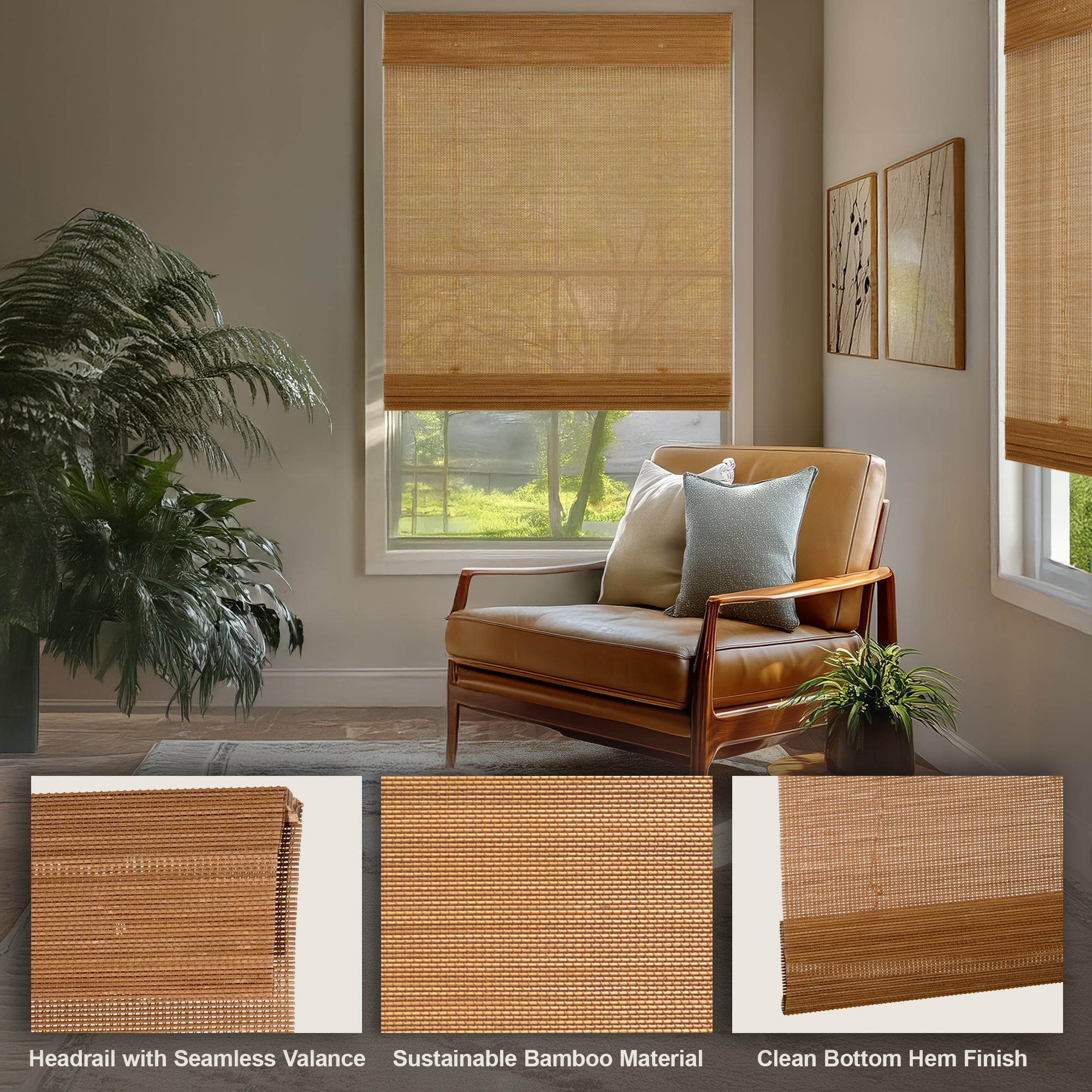 Chicology 31"W x 36"H Light-Filtering Cordless Mesh Bamboo Shade, Mesh Natural