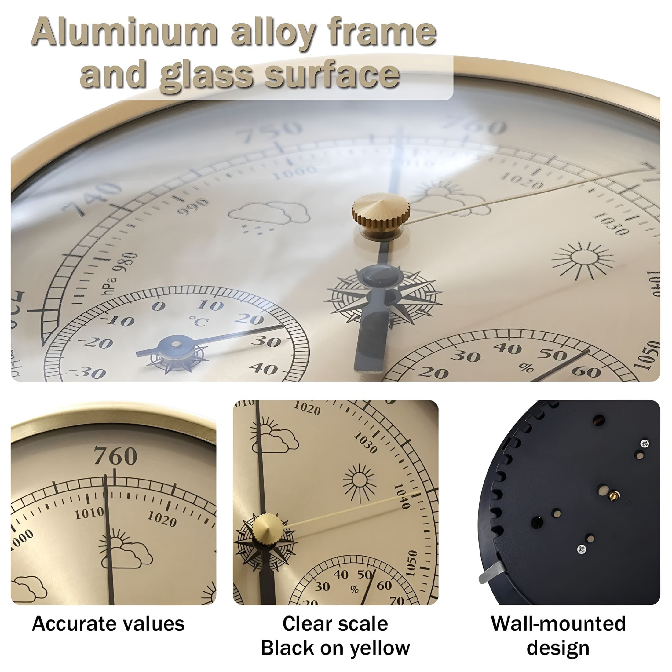 GJX 2026 New Analog Weather Station 3 in 1 Stainless Steel 132 Mm Barometer Thermometer Hygrometer for Home,Office,Study Gold