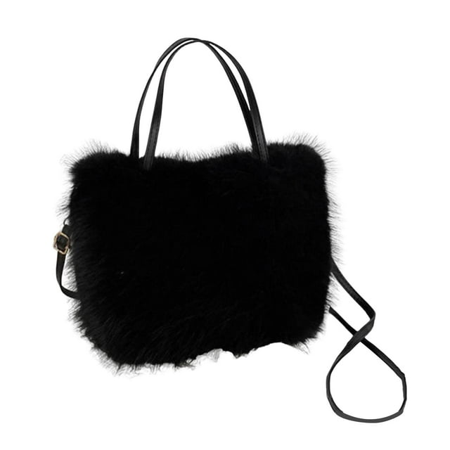 Bolso bandolera peludo con asa y correa desmontable para viajes Negro