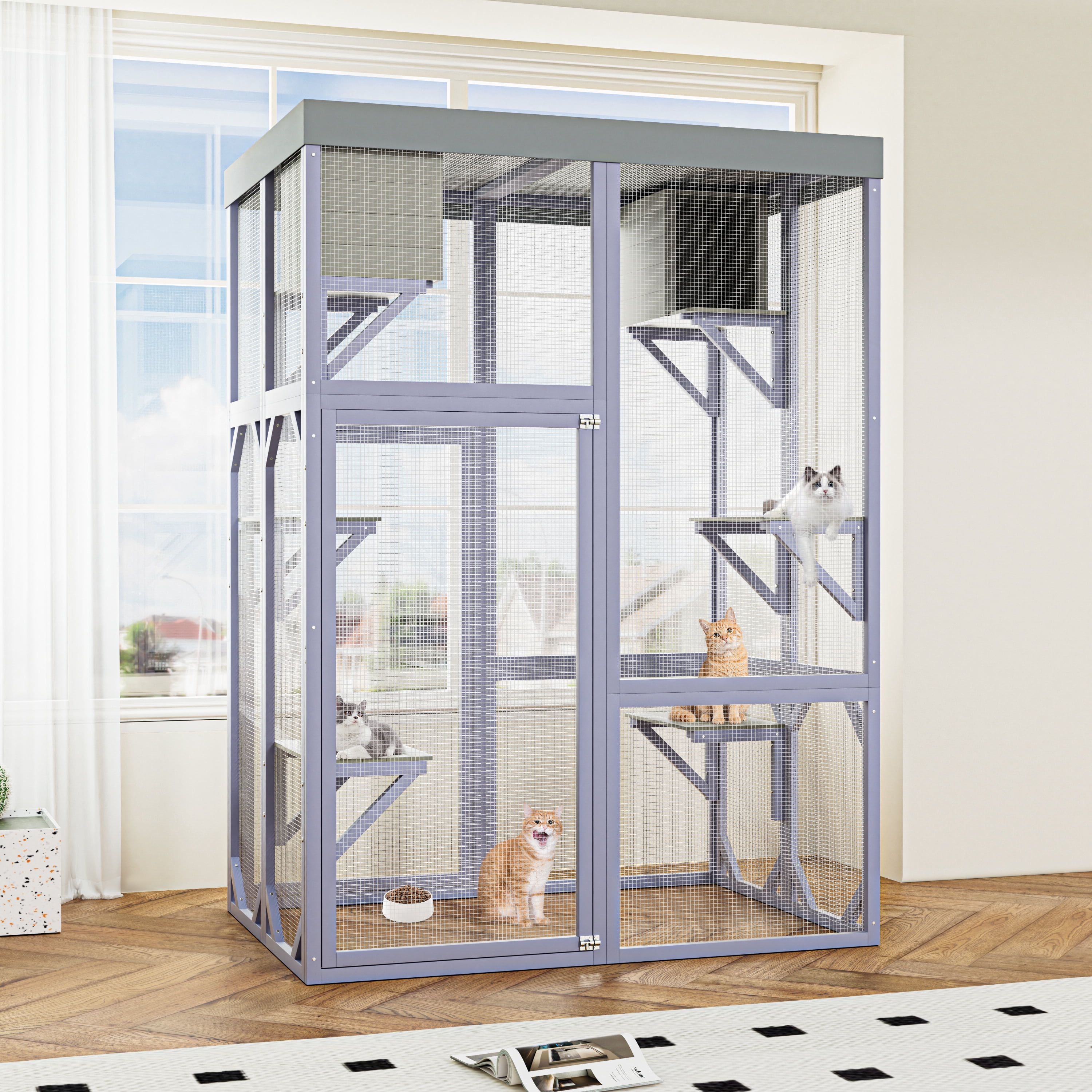 Pet Playpen Outdoor Wooden Catio Multi-functional Cat Enclosure, 4 Platforms & 2 Napping Houses, 2 Strong Locks, Rounded Corner Design, Indoor Spacious Cage for Cats to Play Rest,Guinea Pig Cage