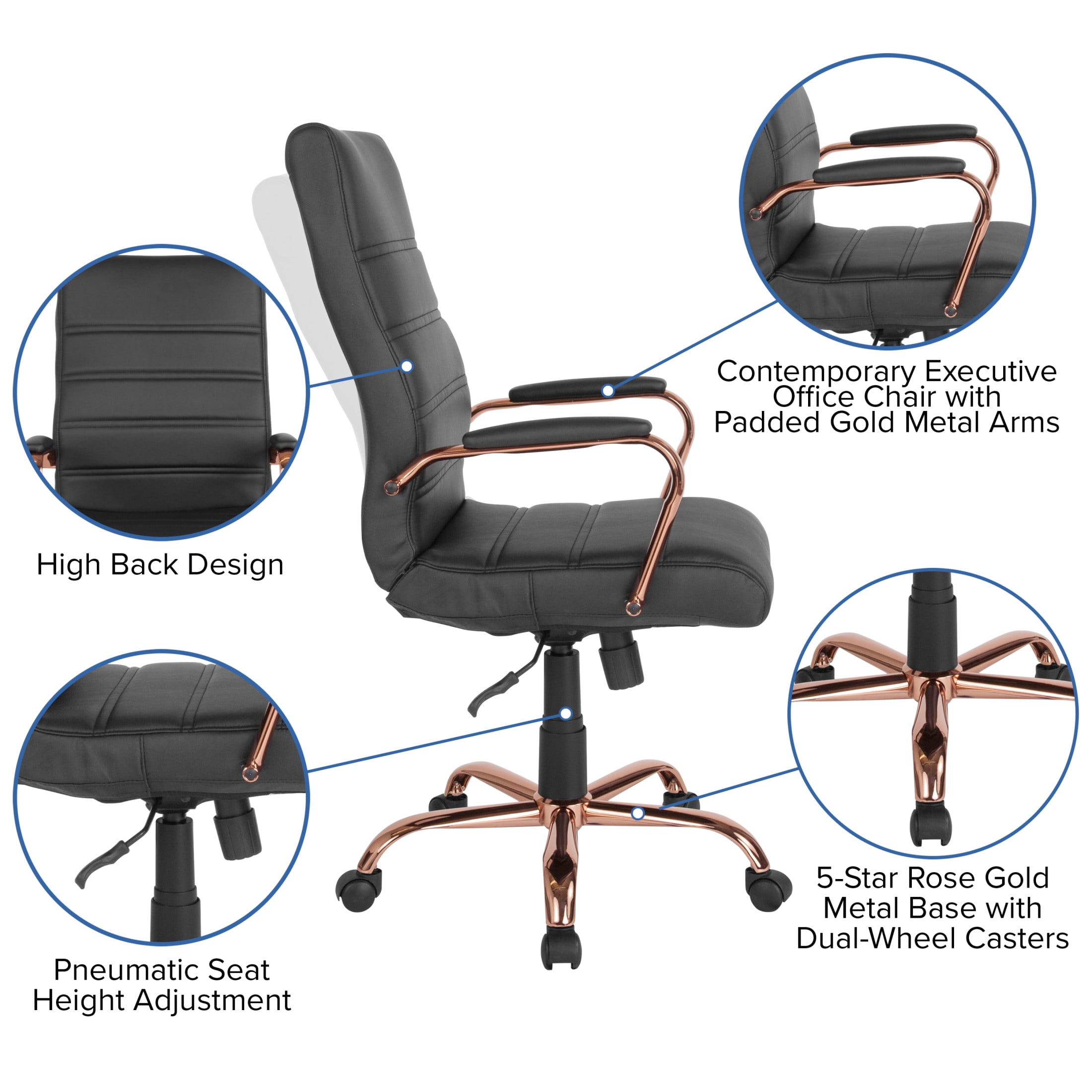 Flash Furniture Whitney High-Back Swivel LeatherSoft Desk Chair with Armrests, Black/Rose Gold