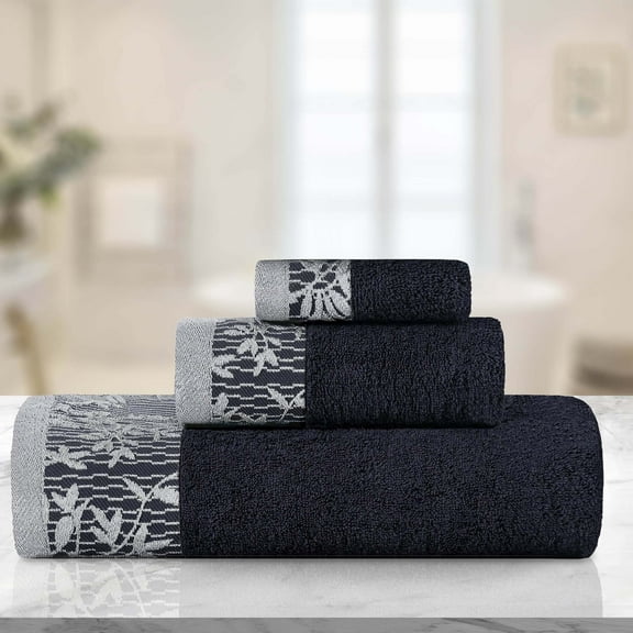 Superior Wisteria Floral Cotton 3 Piece Assorted Towel Set, Black