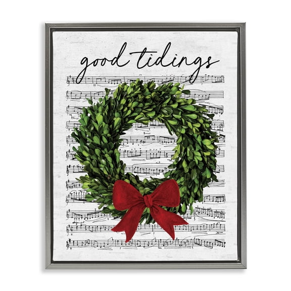 Stupell Industries Traditional Good Tidings Holiday Wreath Gray Floating Frame Canvas Art, 25 x 31, by Lettered and Lined