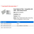 thumbnail image 2 of Front Cabin Air Filter - Compatible with 2003 - 2022 Honda Accord 2004 2005 2006 2007 2008 2009 2010 2011 2012 2013 2014 2015 2016 2017 2018 2019 2020 2021, 2 of 2