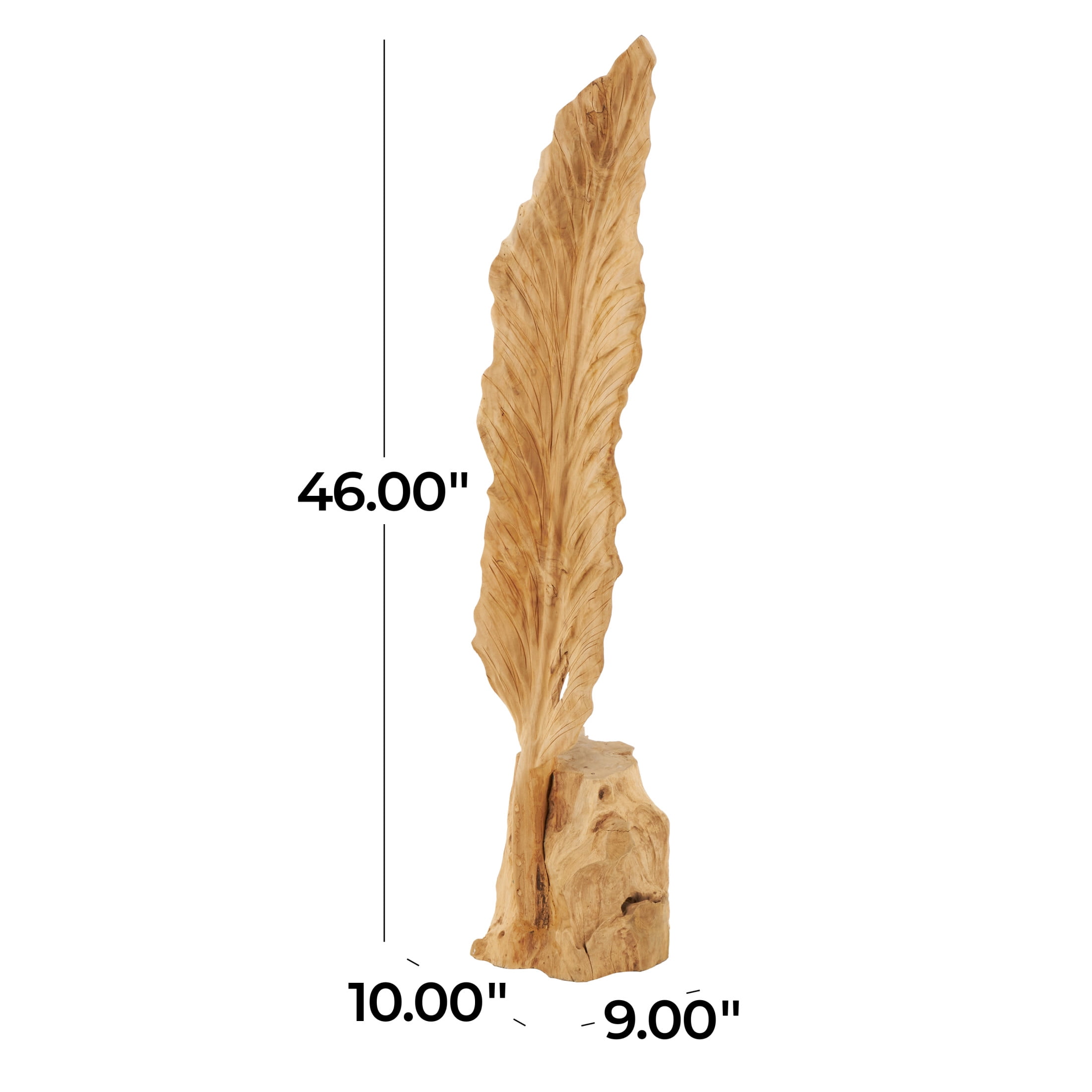 9" x 46" Brown Teak Wood Live Edge Floor Leaf Sculpture with Tree Stump Base, by DecMode