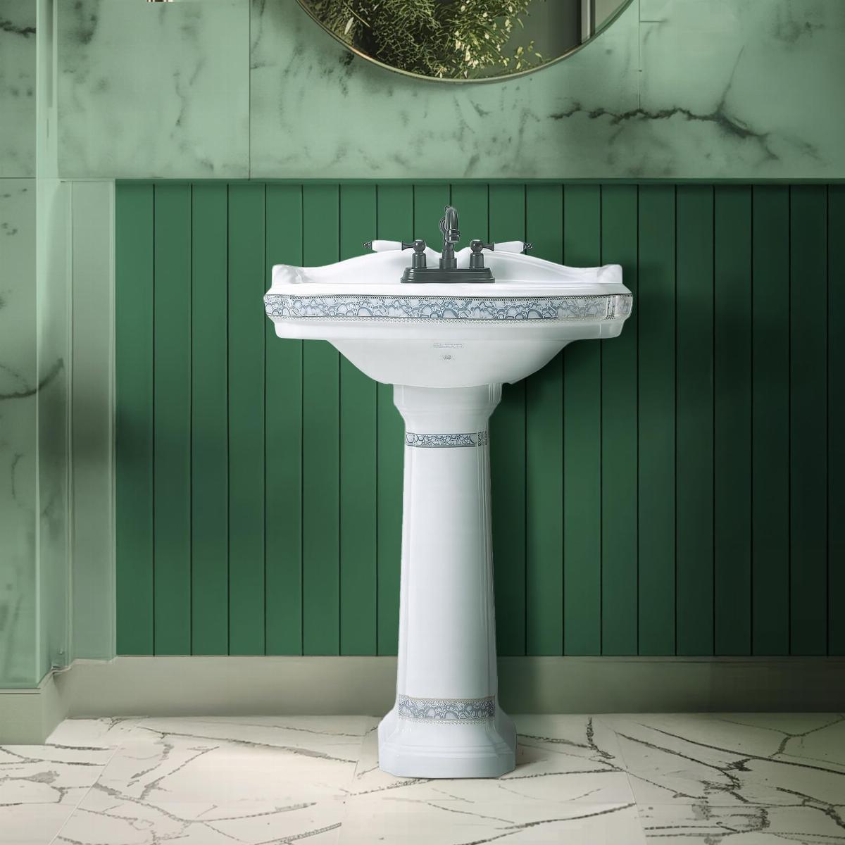 India Reserve Bathroom Pedestal Sink Blue and Gold Accent Porcelain Washbasin w/Overflow & Centerset Faucet Holes| Renovators Supply