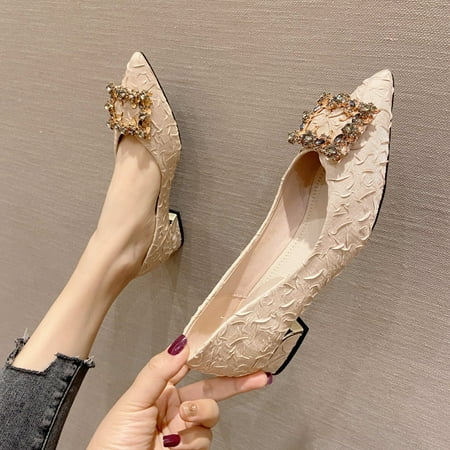 

Women‘s Pointed Toe Low Chunky Heels Solid Color Square Rhinestone Decor Shoes Casual Slip On Shoes
