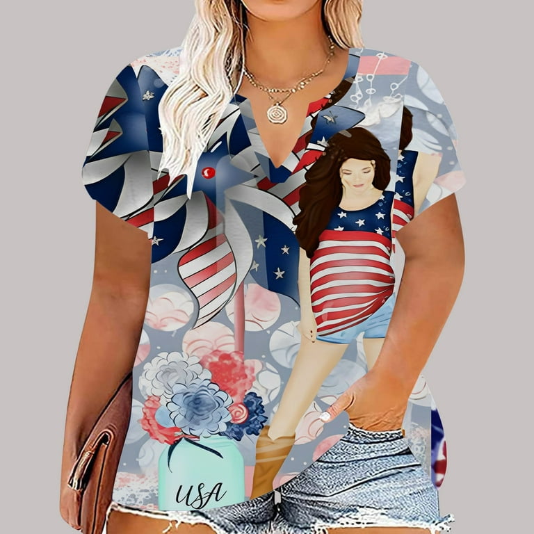 Women T-Shirts Loose Large Size Independence Day Printed Short