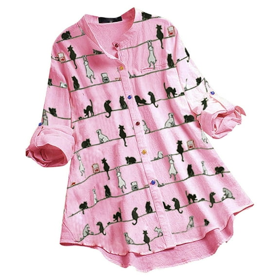 2025 Clearance! asdoklhq Womens Plus Size Tops Clearance,Women Casual Cat Print Long Sleeve O-Neck Button Loose Shirt Top Blouse