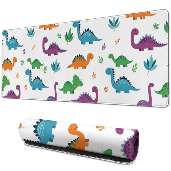 Long Mouse Pads for Desk,White Dinosaurs Colorful Leaves Pattern Desk Mats on Top Of Desks, Desk Mouse Pad Extra Large with 3mm Non-Slip Base and Stitched Edge for Gaming,Office,Work,Home 31.5"x11.8"