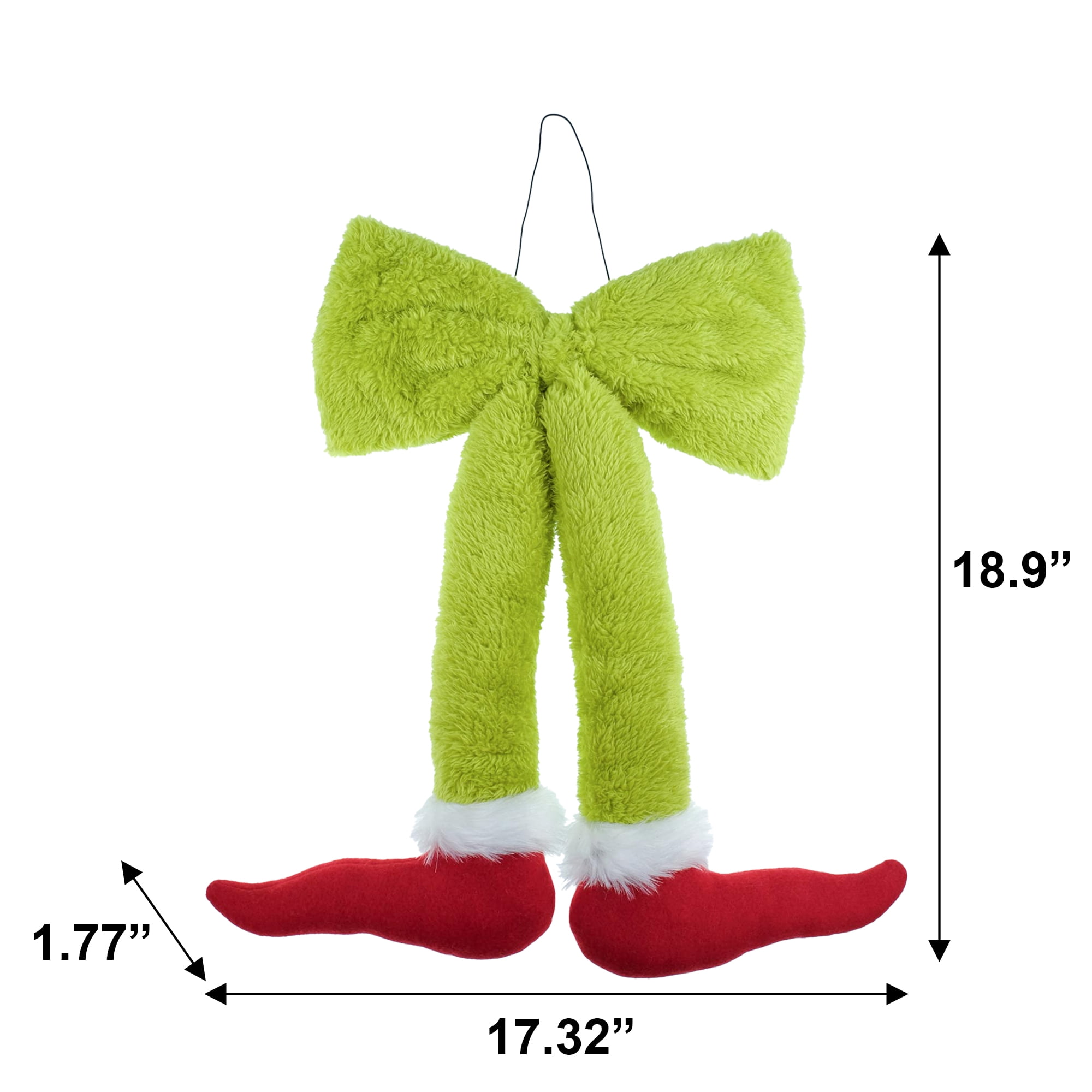 Dr. Seuss The Grinch Fuzzy Bow Hanging Decoration with Elf Shoes, 12‑Inch, How the Grinch Stole Christmas