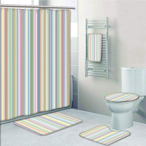 PRTAU Pastel Vertically Striped Different Colored Straight Lines Classical Old Fashioned 5 Piece Bathroom Set Shower Curtain Bath Towel Bath Rug Contour Mat and Toilet Lid Cover