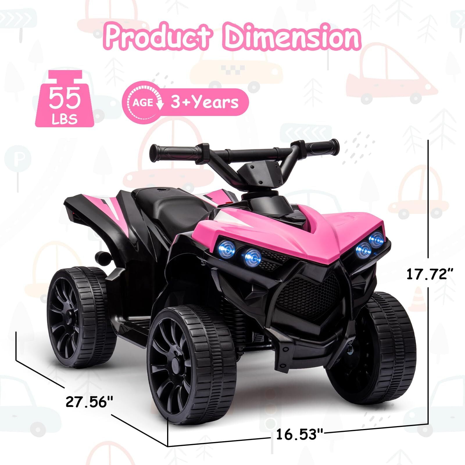 Kids ATV 4 Wheeler, 6V Ride-On Car Toy for Children Ages 1-5, 1.8 Mph Max Speed, Music,Led Lights,Electric Vehicle Quad Car for Kids