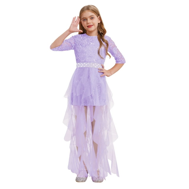 YONGHS Robe de Demoiselle d'Honneur Sans Manches en Dentelle à Sequins pour Filles Robe de Mariage Robe de Bal pour Enfants Violet Clair 8