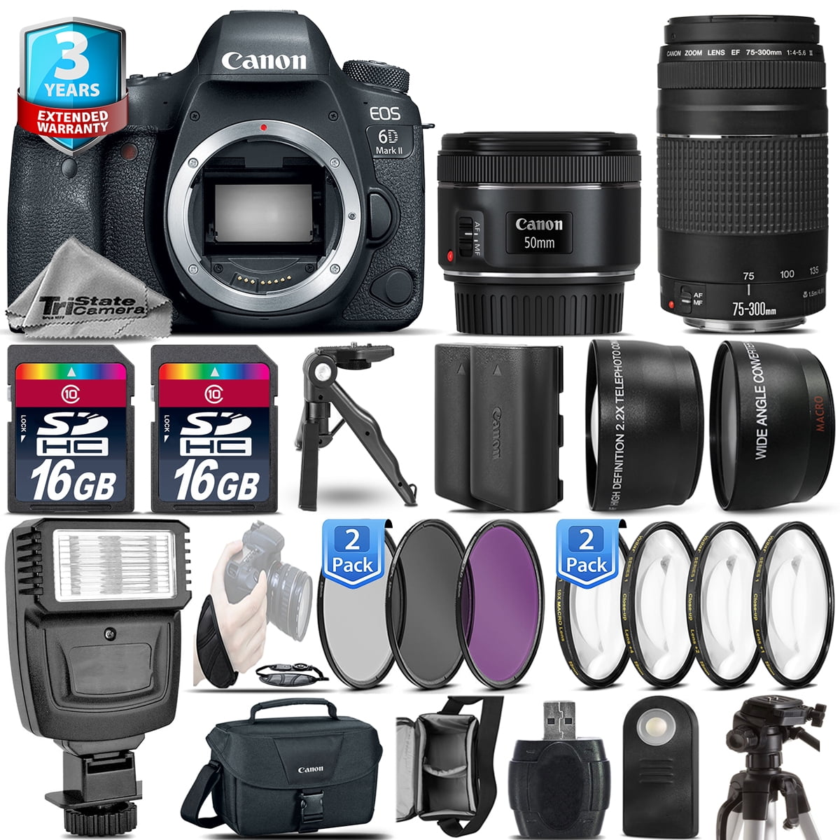 Canon EOS 6D Mark II Camera + 50mm + 75-300 + EXT BAT - 32GB Kit +