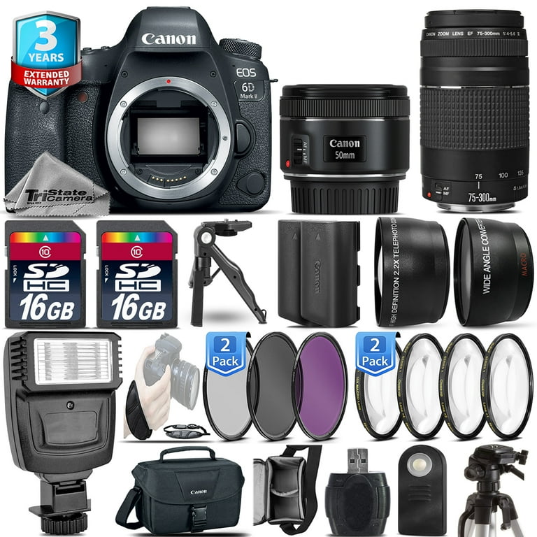 Canon EOS 6D Mark II Camera + 50mm + 75-300 + EXT BAT - 32GB Kit +