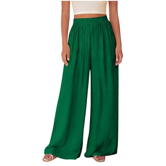 Flowy Trousers for Women High Waisted Wide Leg Pants Lightwieght Full Long Palazzo Pants Pleated Summer Vacation Outfits Green 2XL