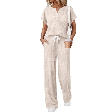 SUNBS Lounge Set for Women Two Piece Outfit Sets Henley Shirt Wide Leg Pants Casual Sweat Suit