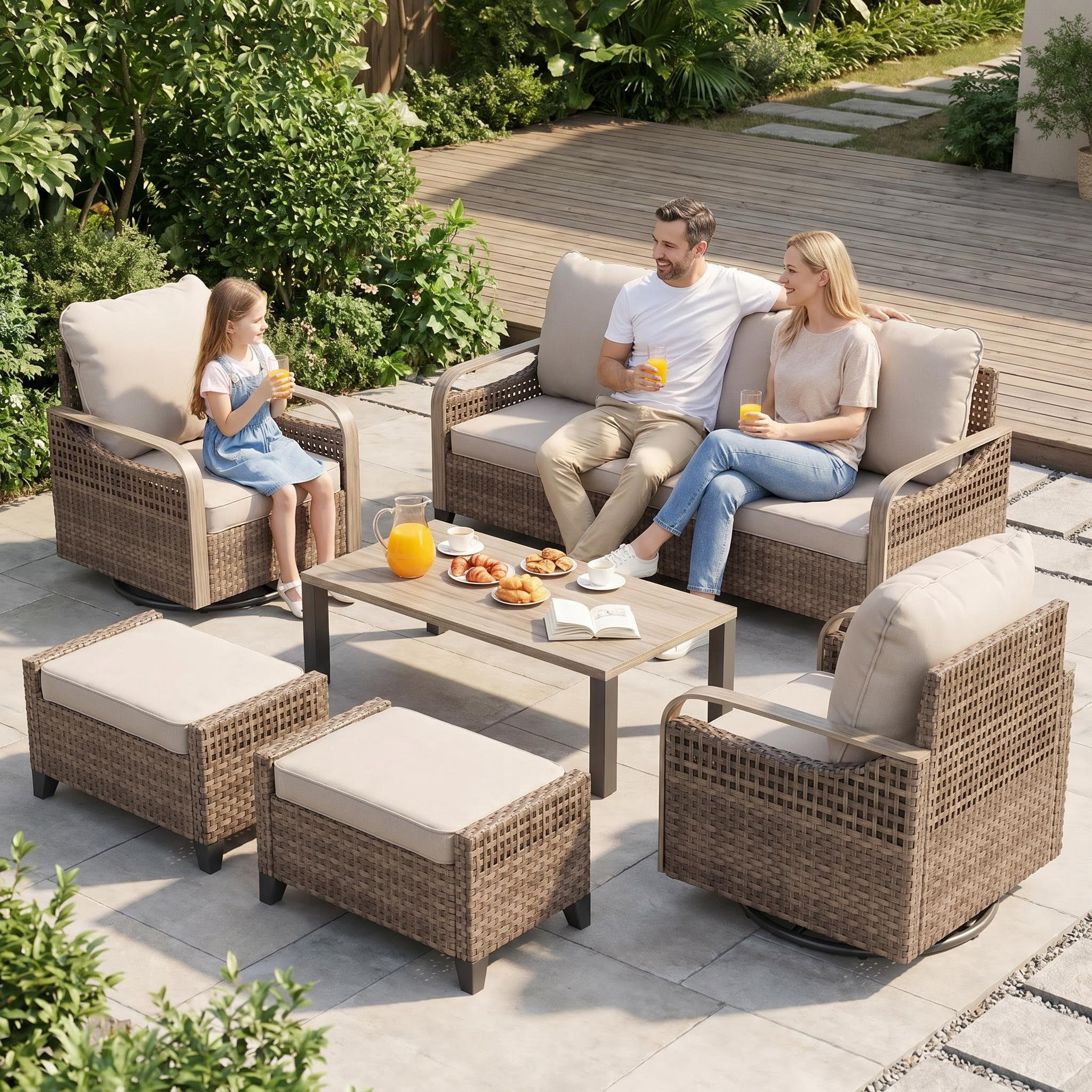 Poteban Outdoor Patio All Weather Wicker Furniture Sets,with Coffee Table, Sofa, Swivel Rocking Chair and Ottoman,for Pool, Backyard, Garden, 8 Pieces
