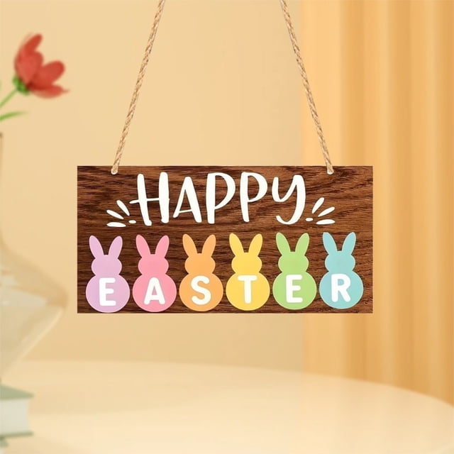 Easter Wooden Sign with Rabbit Doll Design, Cute Spring Home Decor for Wall, Mantel Or Garden, Lightweight Wooden Craft Ornament for Indoor Outdoor Use