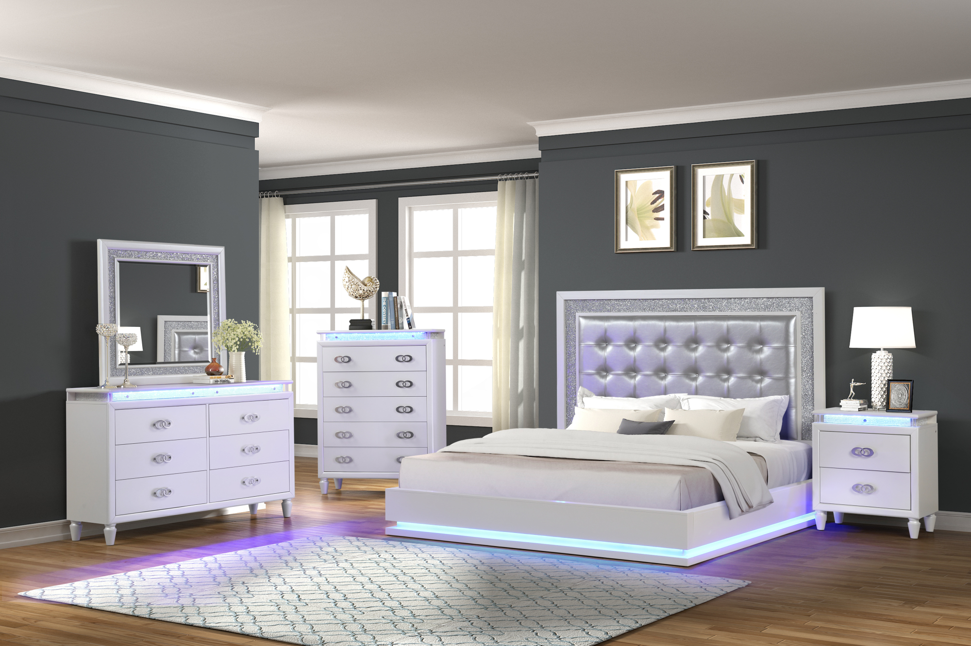 Passion Queen 6 Pc LED Bedroom Set Made with Wood in Milky White