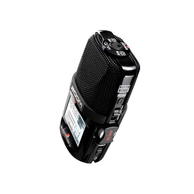 grabadora portátil zoom h2n negro en vista 3/4, cuerpo vertical con rejilla superior de cinco cápsulas, pantalla LCD y botones; rueda de modos para X/Y, M/S y surround (2/4 canales), entradas 1/8", USB y logo Zoom en el costado; adecuada para grabación WAV/MP3.