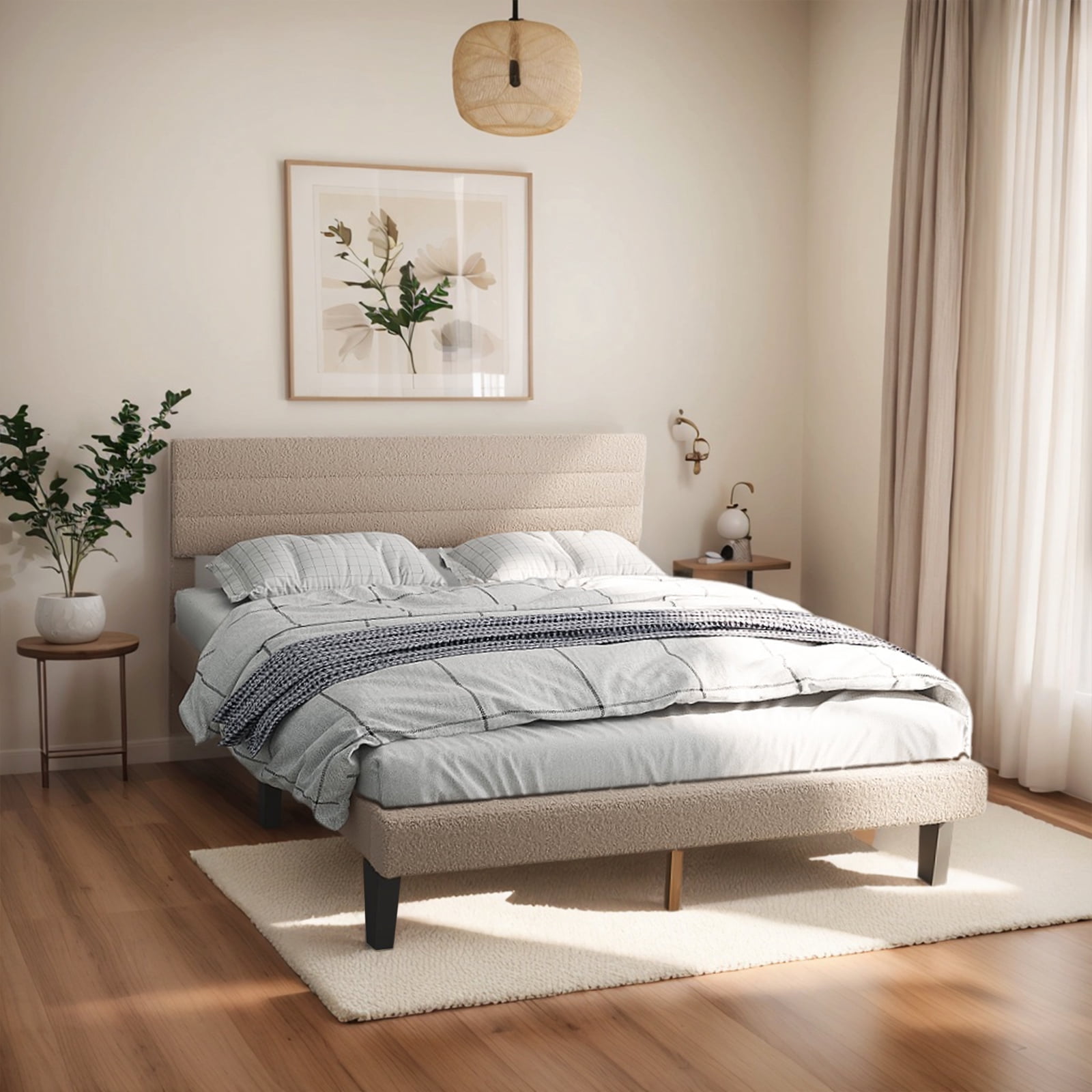 UBesGoo Bed Frame Queen Size Upholstered Platform Bed Frame with Headboard,  Mattress Foundation with Wood Support, Beige