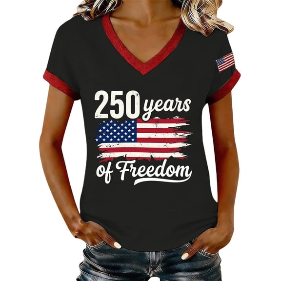 MEICHEN Usa 250th Anniversary Graphic Tee for Women Print V Neck T Shirt Casual Soft Short Sleeve Patriotic Top