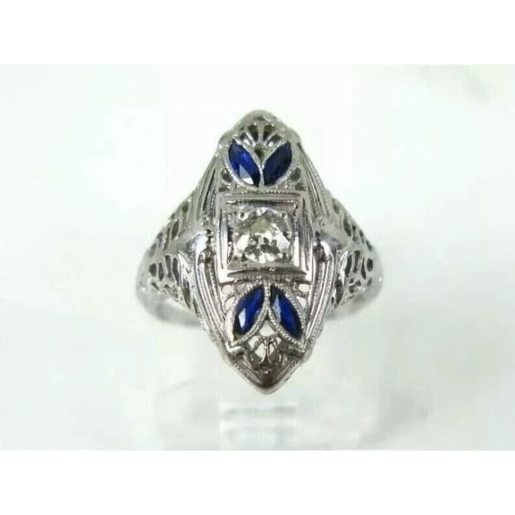 Vintage Navette Diamond Engagement Ring, Art Deco Openwork Filigree Ring, Women's Dome Cocktail Sapphire Ring, Cluster Diamond Ring, 14K White Gold Plated, 1.5 Ct Simulated Diamond