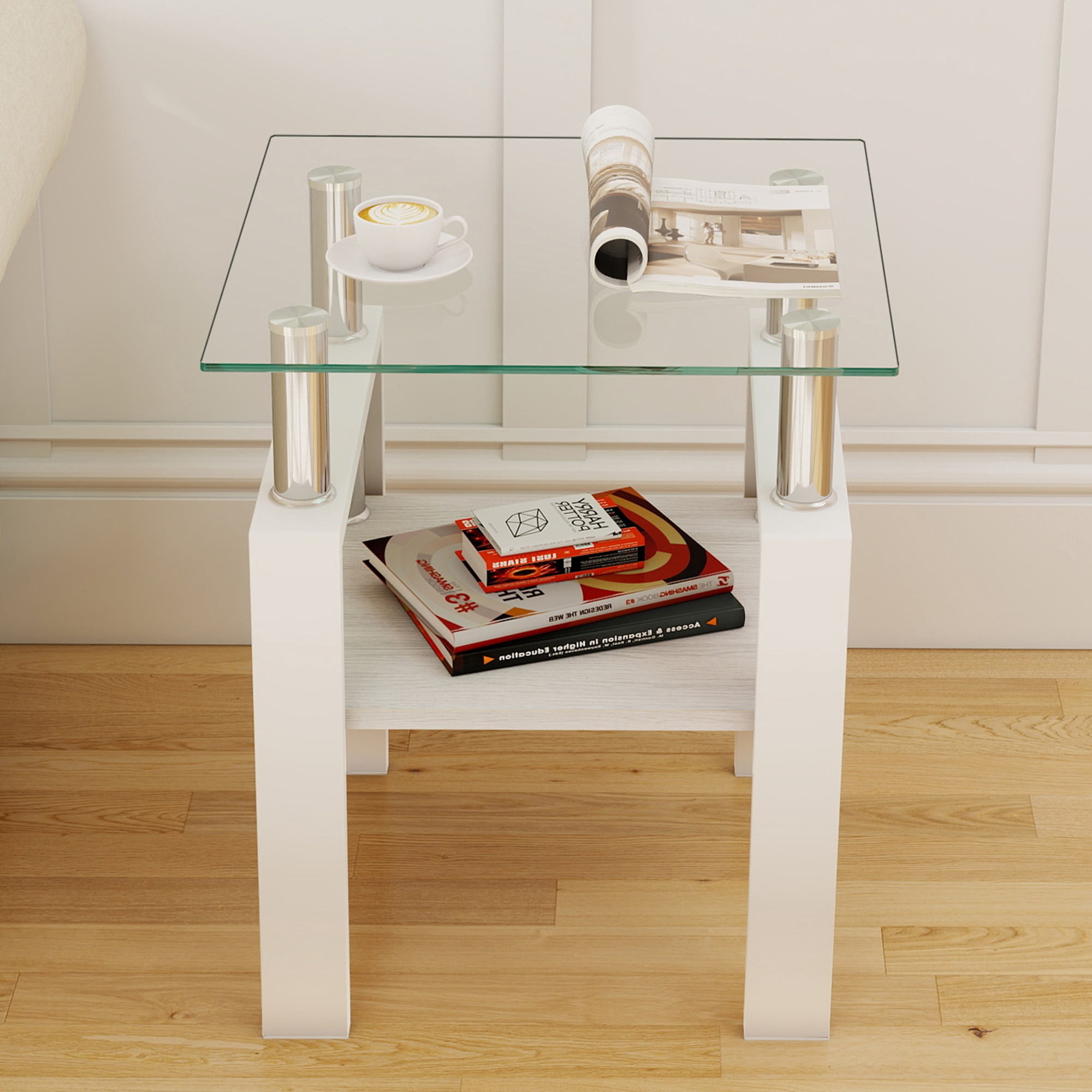 Euroco Set of 2 Modern Tempered Glass Tea Table,Tempered Glass Tabletop with MDF Layer,Coffee Table,End Table, Square Table for Living Room, Transparent/white