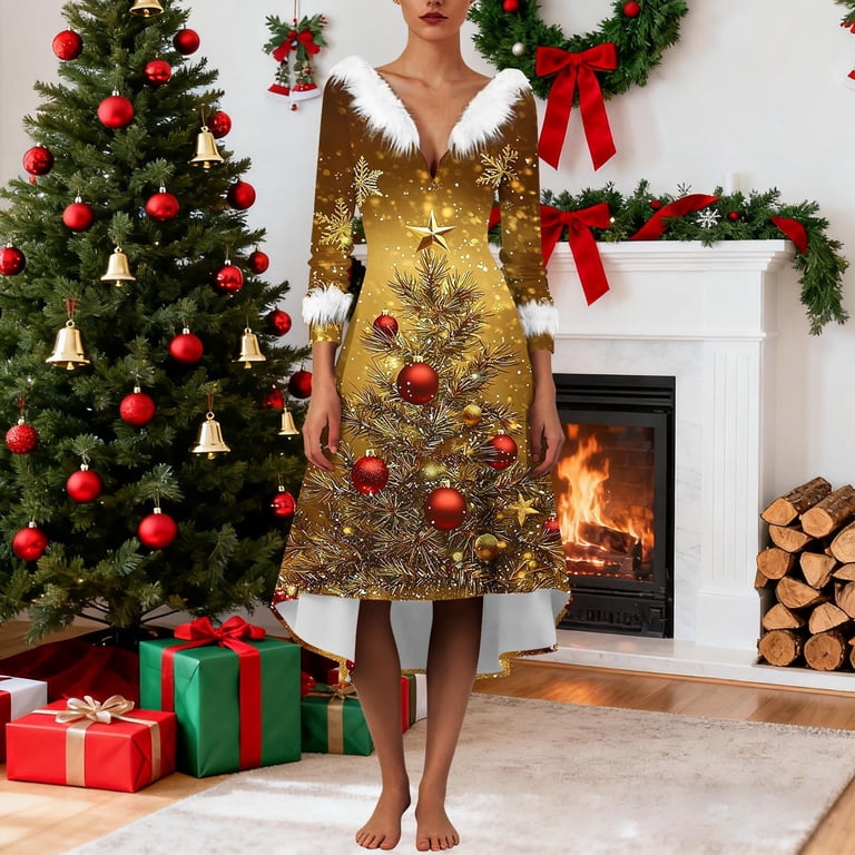 Pxkloy Christmas Dresses for Women 2025 Trendy V Neck High Low Dress Long  Sleeve Fuzzy Sparkly Tree Print Dresses Slim Western Swing Dress  Yellow,XXXL - Walmart.com