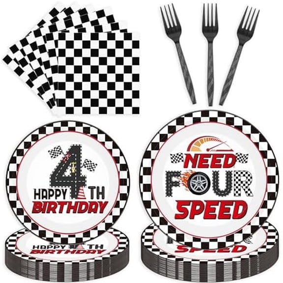 96 Pcs Need Four Speed Birthday Decorations, Race Car Plates Napkins Forks for 24 Guests, 4th Birthday Tableware Set Party Supplies for Boys