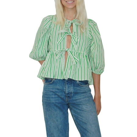Michellecmm Women s Striped Babydoll Tops Loose Fitting Round Neck Open Front Tie-Up Half Sleeve Ruffled Blouse for Summer