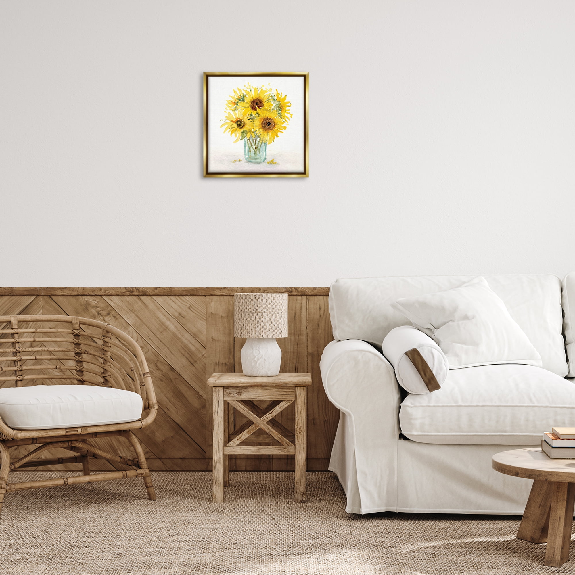 Stupell Industries Soft Sunflower Jar Plants & Flowers Painting Gold Floater Framed Canvas Art Print Wall Art, 18 x 18