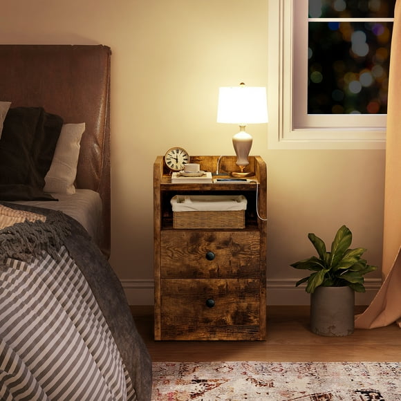 Buro Mesa De Noche De Madera Rustico Y Estación De Carga Usb