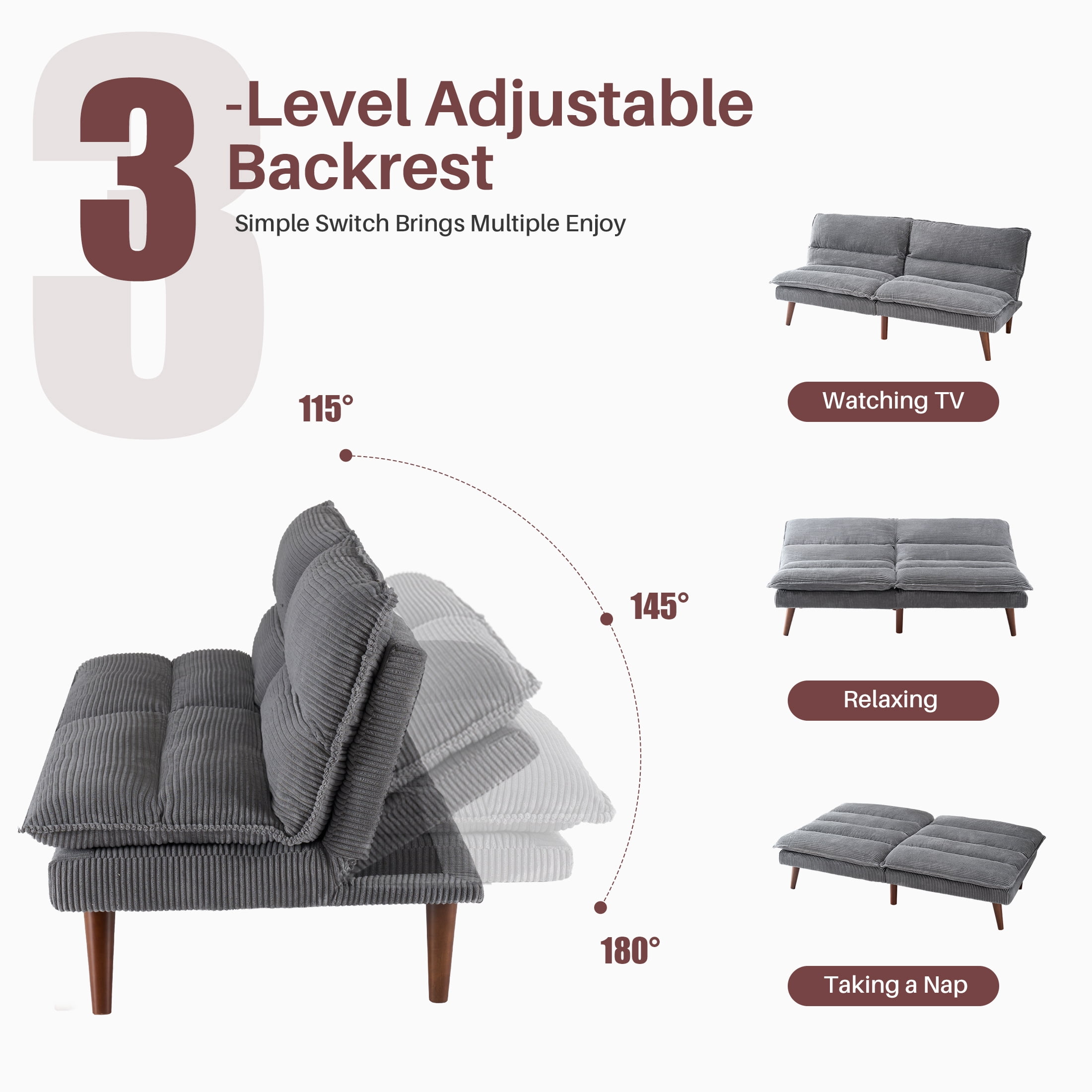 edx Stylish Futon Sofa Bed - Memory Foam Convertible Loveseat, Perfect Sleeper Convertible Futon Couch for Living Room, Corduroy Upholstery,Gray