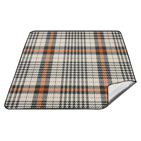 Tartan Plaid Pattern in Black Orange Beige Picnic Blanket Waterproof Beach Blankets Sandproof Large Mat with Storage Bag Camping Grass Travel Hiking Park 78"x78"