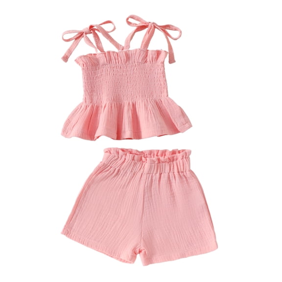Odeerbi Toddler Girls 2 Piece Outfits Ruffle Camisole Tops Shorts Set Summer Clothes Fashion Solid Color Casual Short Sleeve Camisole Blouse Straight Leg Pants Sets