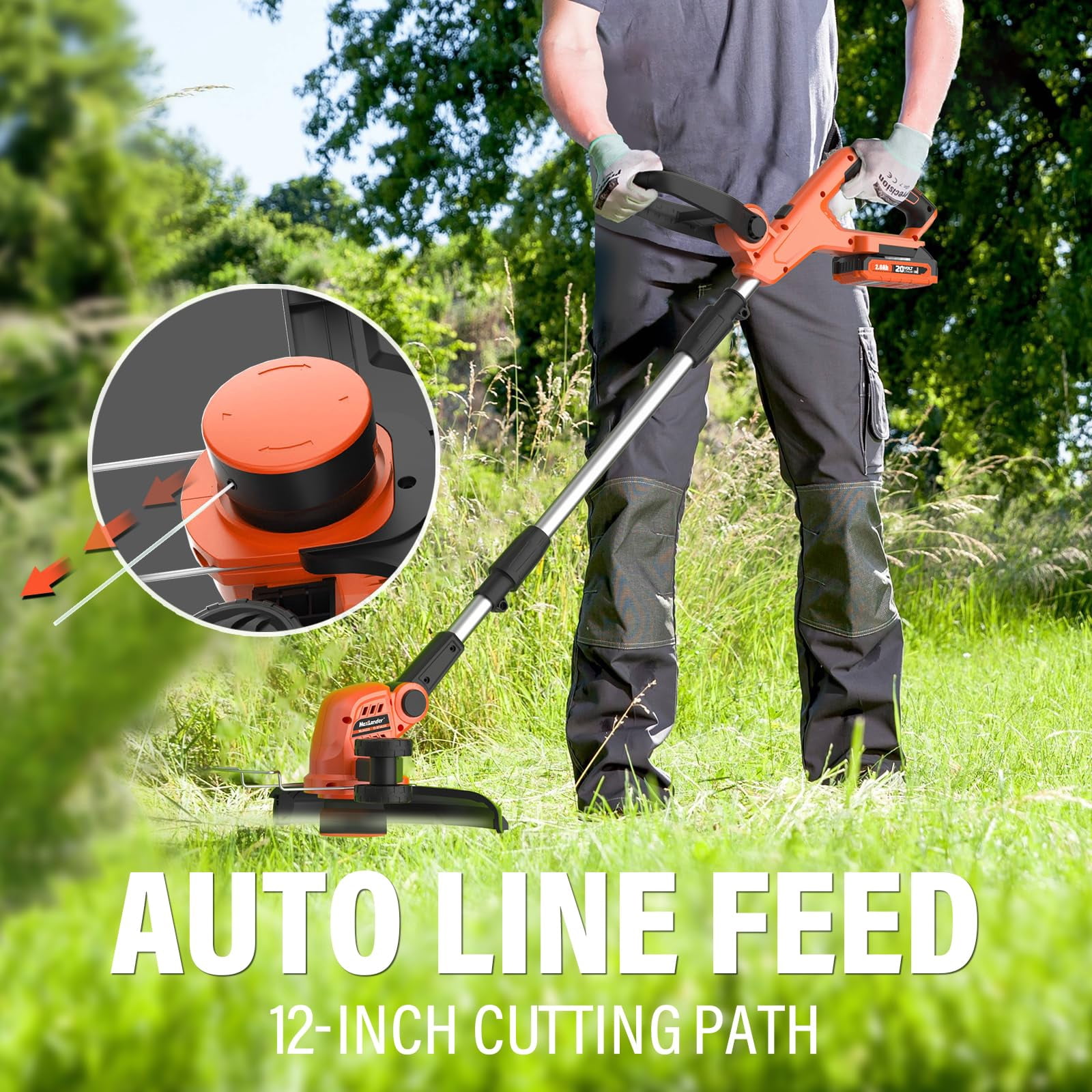 MAXLANDER Weed Wacker Cordless, 20V 12 Inch Cordless String Trimmer Edger, Weed Wacker Battery Operated with 8 PCS Replacement Spools, Lightweight Weed Trimmer (2x2.0Ah Battery and Charger Included)