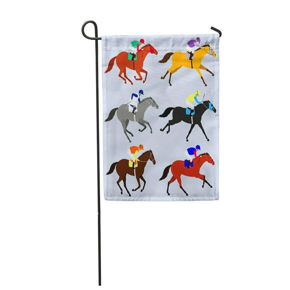 POGLIP Race Horses Jockeys Flat 6 in Different Phases of The Galop and Colors Racing Garden Flag Decorative Flag House Banner 12x18 inch