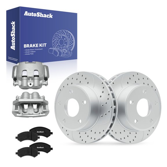 AutoShack Front Vented Drilled & Slotted Coated Brake Rotors Silver Matte Finish   Ceramic Pads   Calipers 8-PC Brake Kit Replacement for 2005-2008 Dodge Dakota TurboGuard 12.28" (312 mm)