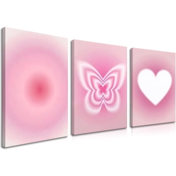 Pink Wall Decor Art Set of 3 - Angel Aura Inspirational Wall Decor, Pink Love Butterfly Canvas Paintings Prints for Living Room, Bedroom, Home Decor, Apartment Aesthetics - 12x16 in Framed