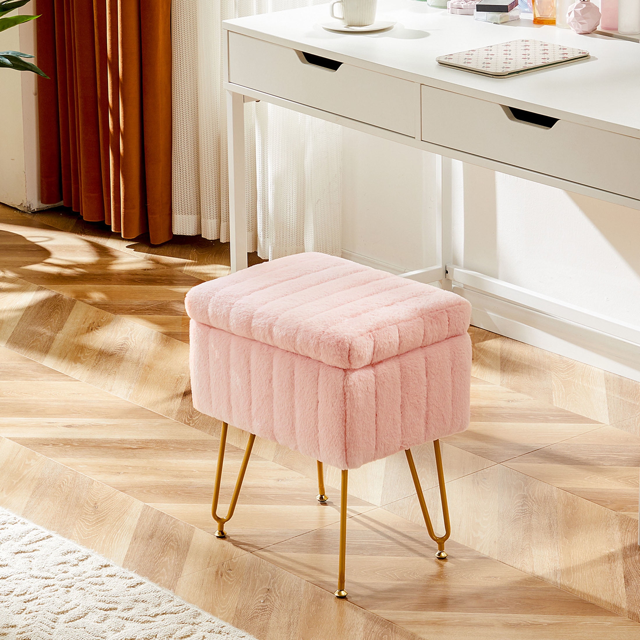CONCETTA Footstools Ottoman Storage Bench, Vanity Faux Fur Padded Chair with Storage and Adjustable Feet for Makeup Bedroom Entryway, Pink
