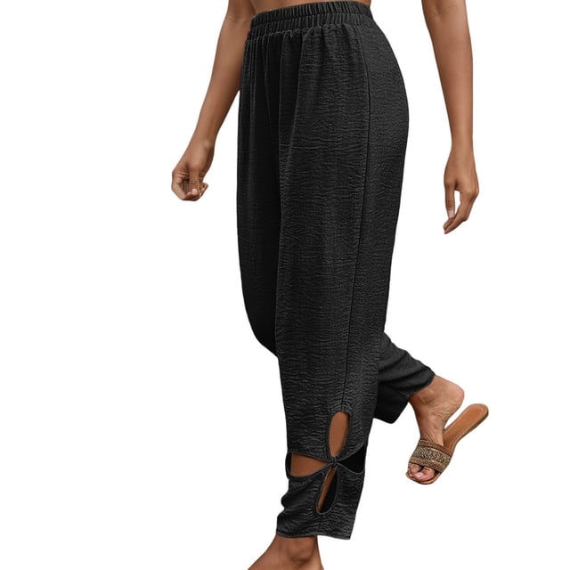 Pantalones casuales de color liso con bolsillos laterales y aberturas para mujer - Pierna recta holgada con abertura floral en el bajo para primavera, verano y otoño