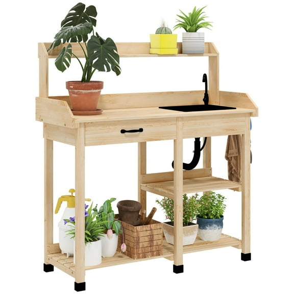 Potting Bench Table: Outdoor Garden Table Wooden Work Station with Removable Sink, Faucet, Drawer, Shelves, Hooks, Natural Wood