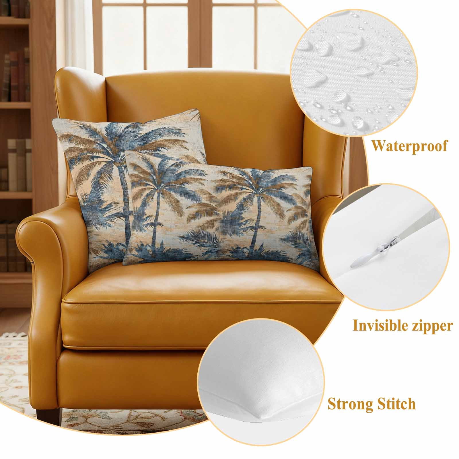 Retro Palm Leaf Outdoor Pillow Covers 18"x18" Set of 2, Brown Blue Tropical Plant Waterproof Throw Pillow Covers for Patio Furniture, Decorative Cushion Covers for Porch
