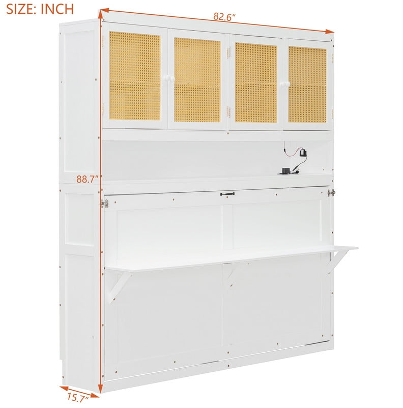 Twin Size Storage Murphy Bed with Cabinets w/ Rattan Door, Foldable Platform Bed Frame with Built-in Light & Charge Station