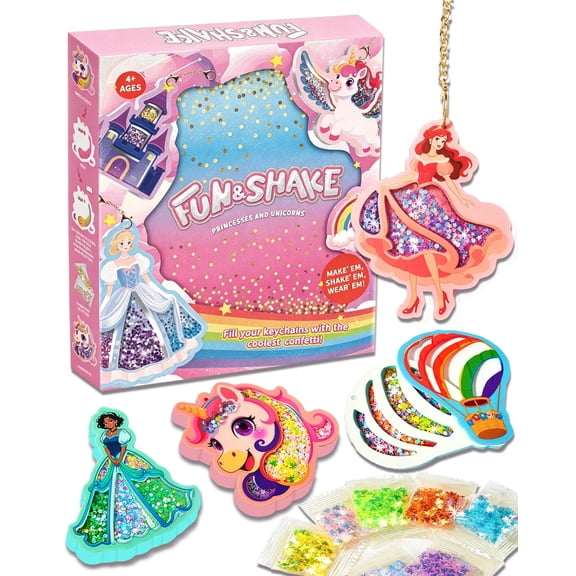 SkyMagic DIY Glitter Shake Keychain Craft Kit for Kids – Arts & Crafts Activity Set, Creative Birthday Gift for Girls Ages 4 (Unicorns & Princesses)